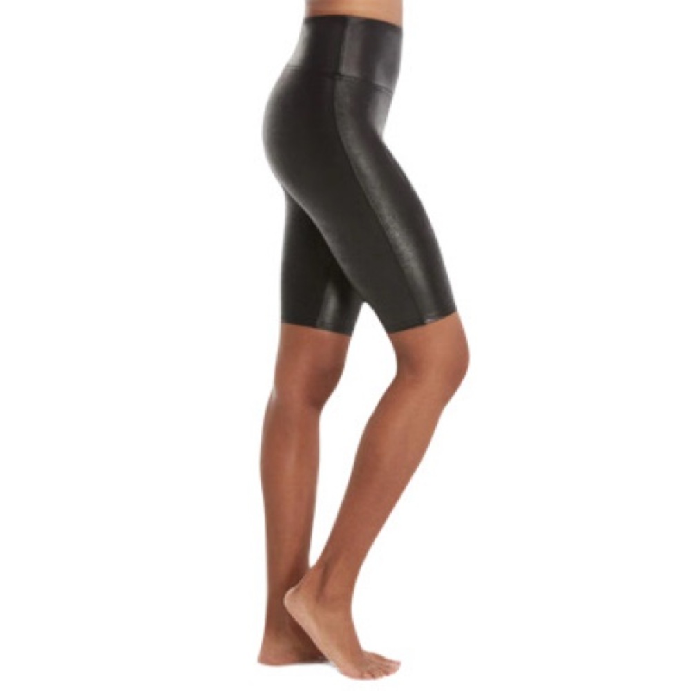 Spanx Black Faux Leather Bike Shorts Size S Vegan High Waisted Compression Short